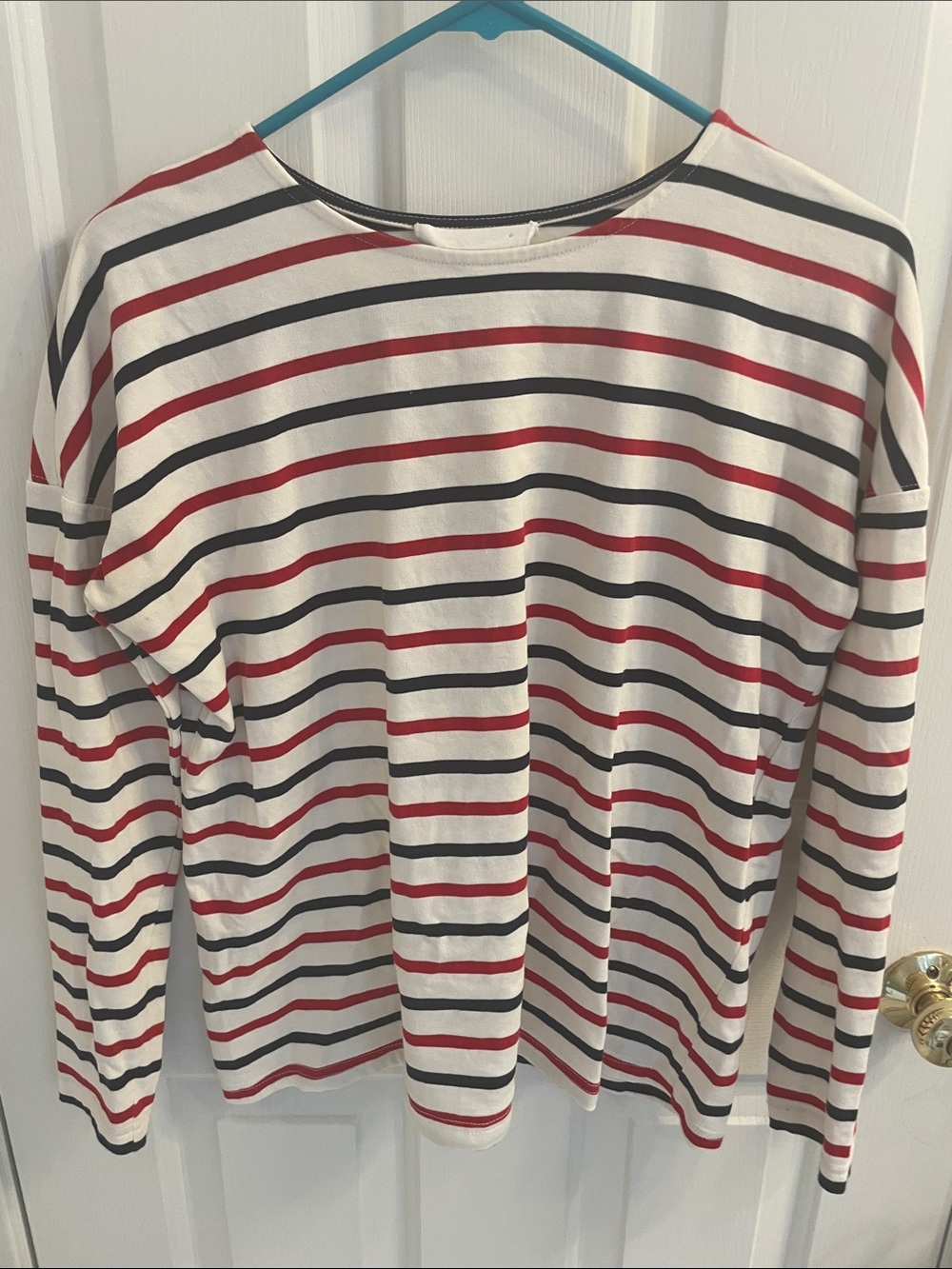 Pomander Place White Long-Sleeve Cotton Crewneck with Red & Black Stripes